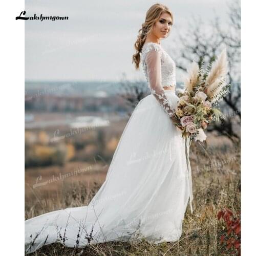 Boho Organza And Tulle A-Line Wedding Dresses Two Piece O-Neck Long Sleeve Court Train Bride Gowns Appliques Lace Beading Pleats