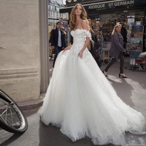 Sweetheart Appliques Flowers Wedding Dresses Off the Shoulder A Line Lace Tulle Bridal Formal Gowns Zipper Back 2021