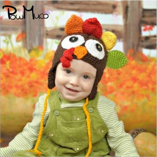 Powmuco Creative Handmade Knitted Wool Turkey Hat for Baby Girls Funny Infant Long Braided Caps Thanksgiving Decoration 2 Colors