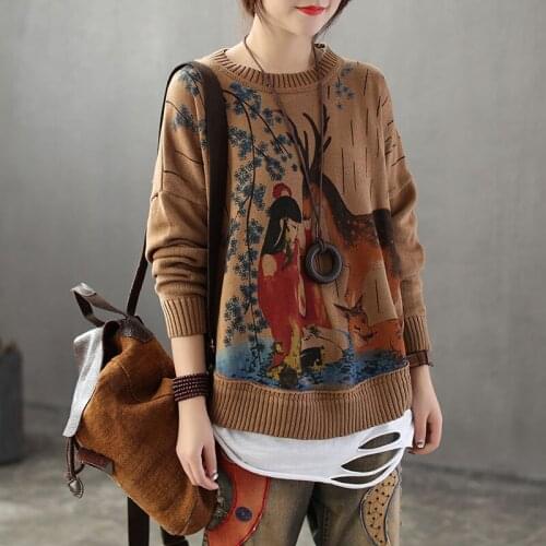 QPFJQD Women Pullover Print Deer Sweaters O-Neck Soft Mori Girl Thin Sweater Tops Spring Autumn Cotton Ladies Knitted Clothes