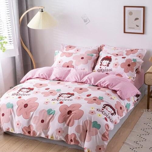 Pink Girl Cartoon Kawaii Flower Comforter Bedding Set Cute Luxury Fashion King Queen Twin Size Bed Linen Duvet Cover Set Gifts