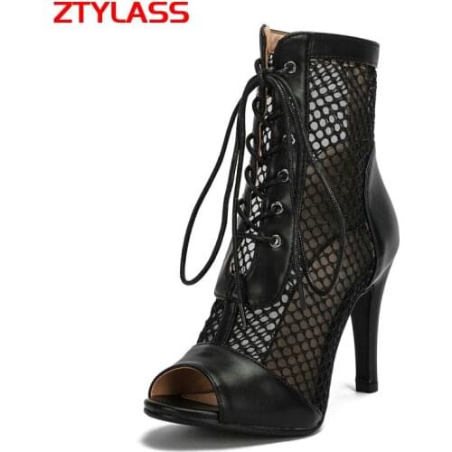 Big Size Womens Shoes 34-45 Summer Open Toe Breathable Mesh Boots Sexy Thin High Heel Lady Shoes Fashion Cross Tied Boots