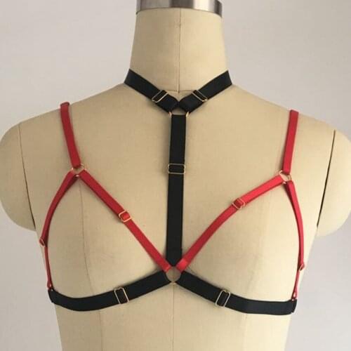 Sexy Women Crop Top Goth Bra Body Cage Fetish Body Harness Festival Rave Cage Bra Black+Red Bondage Hanress Lingerie Belt