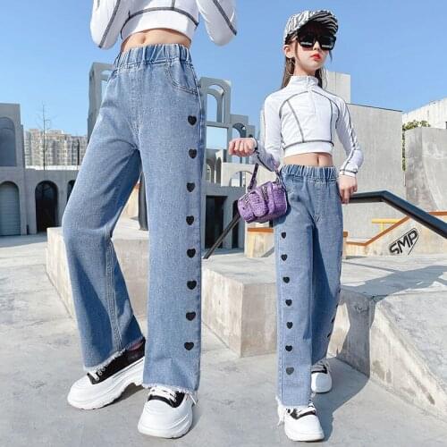 2021 Spring Autumn Fashion New Girls ChildrenS Clothing Big Kids Korean Style Fashion Love Printed Denim Wide-Leg Pants