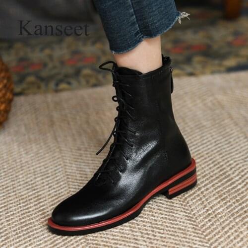 Kanseet Real leather Women Ankle Boots Autumn Winter Round Toe Back Zipper Low Heels Slim Modern Shoes Black Beige Short Boots