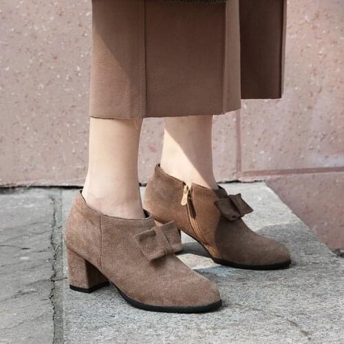 PXELENA 2018 Autumn Fashion Short Boots Women Butterfly-knot Side Zipper Square High Heels Pumps Ankle Boots Ladies Shoes 34-43