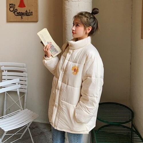 2020 Womens Winter Parkas Loose Korean Style Solid Female Jackets Floral Print Oversized Stand Collar Casual Thick Coat Ladies