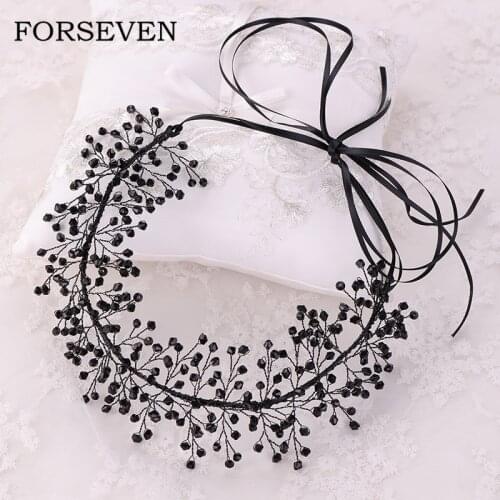 Handmade Black Crystal Beads Women Ribbon Headband Hair Vine Bridal Hair Piece For Prom Pageant Accessories Tiaras And Crowns