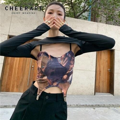CHEERART Renaissance Print 2 Piece Vintage Corset Top Patchwork Tanks Camis Fashion Bralette Top Spaghetti Strap Crop Top