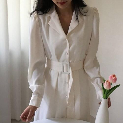 2020 Autumn Women Fashion Korean Chic Single-breasted Full Sleeve Dress Femle Minimalist Mid-calf Dress Elegant Vintage Dress