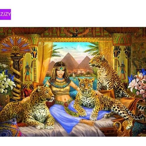 ZJZY 5D Diy Diamond Painting 3D Cross Stitch Egyptian Queen and Leopard Round Diamond Embroidered Diamond Mosaic Wall LY093