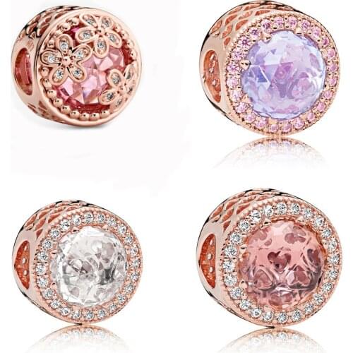 2020 New 925 Sterling Silver Rose gold Sparkling Pink Daisy Flower Charm Fit pandora Bracelet Radiant Hearts Charm DIY Jewelry