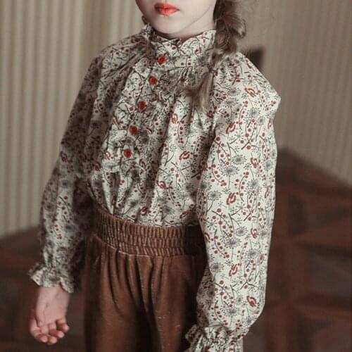 Girls Blouse Ruffled Stand-up Collar 2021 Fashion Korean Style Top Autumn New Vintacy Print Shirts 1-8 Year Girls Kids Costume