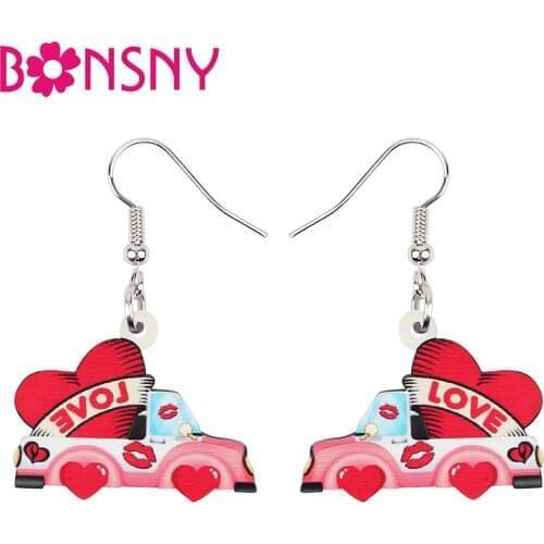 BONSNY Acrylic Valentines Day Cartoon Cute Red Heart Car Earrings Long Drop Dangle Novelty Charms Jewelry Gift For Women Girls