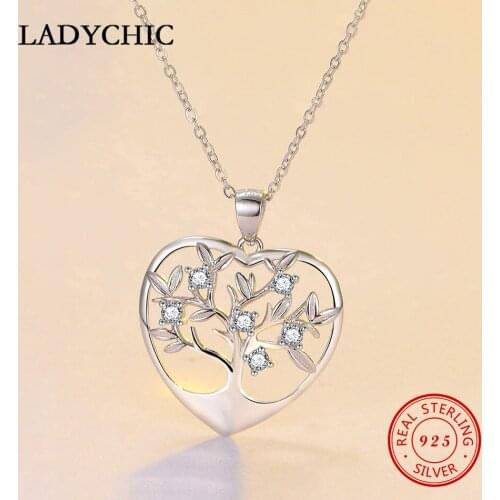 LADYCHIC Romantic 925 Sterling Silver Tree of Life Love Heart Pendant Necklaces for Women Fine Jewelry Valentines Gift LNS1048