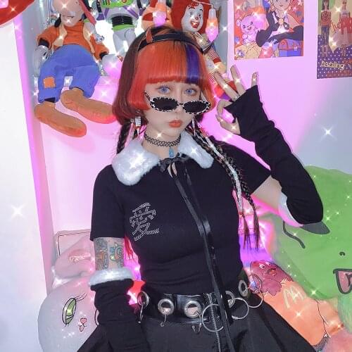 European and American bungee love Rhinestone hairy collar slim top T-shirts send sleeve women tees