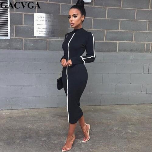 GACVGA 2020 New Long Sleeve Autumn Dress Turtleneck Black White Sexy Bodycon Long Dresses Winter Women Casual Party Club Dresses