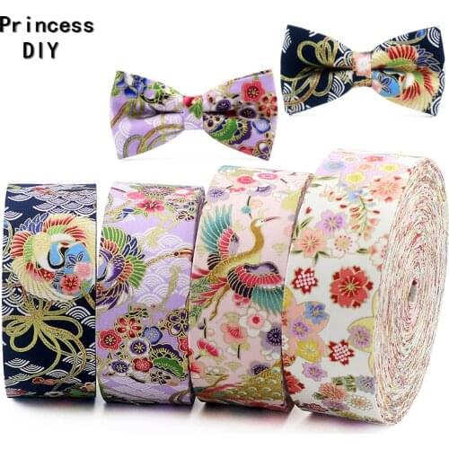 5Meter/Lot Hair Accessories Material Red-crowned Crane Kimono Ribbon Print Cotton Fabric Riband Layering Retro Style Hand Craft