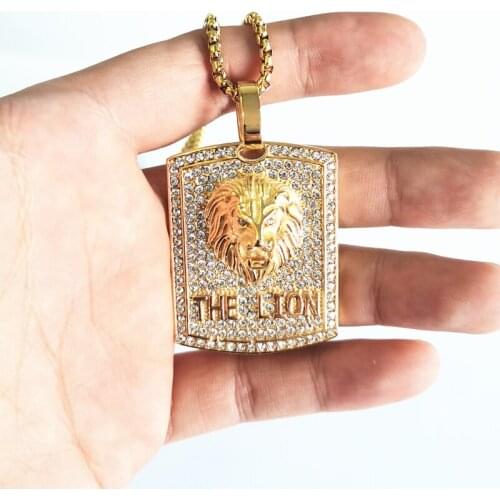 New hip hop full rhinestone Lion Head Pendant For mens Jewelry Vintage Gold Color Stainless Steel Chain Necklaces