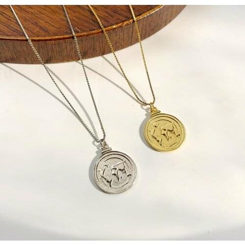 WTLTC 1.5cm Small Round Medallion Map Pendant Neckalces 925 Sterling Sliver Coin Disc Layered Necklace Fashion Femme Jewelry