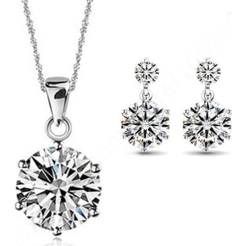 Fine Jewelry Sets 925 Sterling Silver Classic Cubic Zircon CZ Pendant Necklace Stud Earring Set 6 Claws Nice Made for Lady