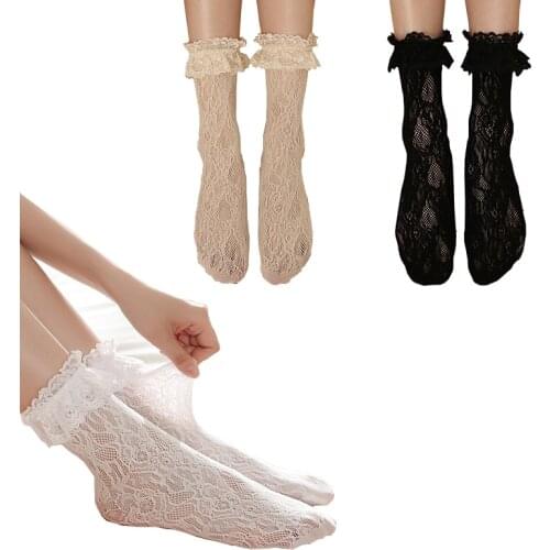 Ruffle Cup Lace Socks Women Sheer Frilly Fishnet Lolita Princess Thin Ballert Dance Flower Ladies Solid Color Crew Sock