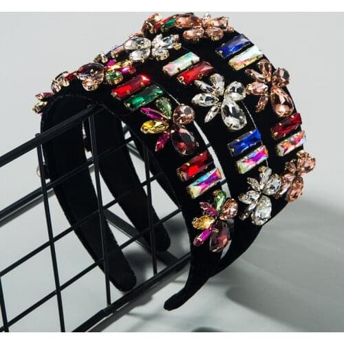 Baroque New High Grade Flannel Water Hair Band Black Velvet Shiny Glass Drill Color Crystal Flower Headband Jewelry