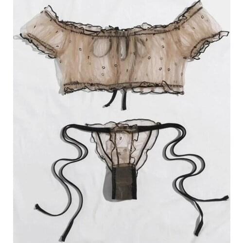 Perspective Sexy Lingerie Mesh Underwear Bikini Printing Sleepwear Nightwear Women Ladies Top Vest Briefs Set Plus Size S-XXL