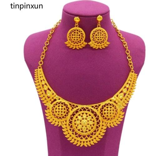 PINXUN New Dubai 24K Necklace&Earrings Jewelry Sets For Women Gold Color/Copper African Ethiopian Bridal Wedding&Party Gifts