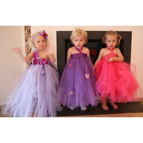 Beautiful Girls Flowers Long Tutu Dresses Kids Crochet Tulle Tutus Ball Gown with Headband Children Glitter Dress Party Tutus