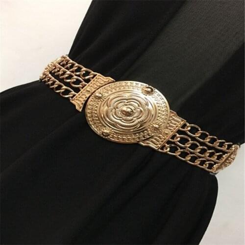 2020 Women Flower Gold Belts Fashion Ladies Floral Elastic Metal Women Waist Belt For Dress Female Golden Chain Belt