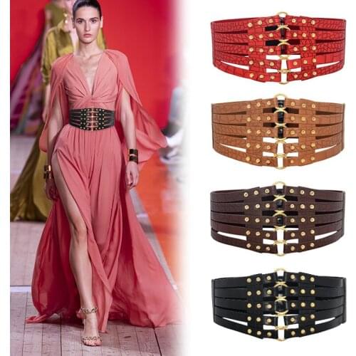 Luxury Women Wide Belt Vintage Gold Metal Buckle Leather Belt Ladies Body Corset Belt Cummerbund