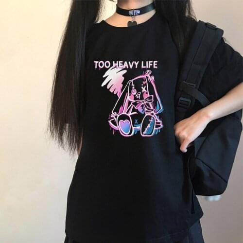 Punk Gothic Kawaii Letter Print Top Too Heavy Life Rabbit Cartoon Top Casual loose Cute E-Girl Chic Vintage Summer Women T-shirt
