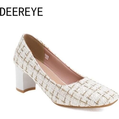 Breathable Linen Material Womens Block High Heels Slip On Pumps 6CM Casual Square Toe Designer Heeled For Outdoor Dress Shoes