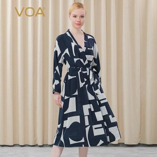 VOA Silk Bottom White Geometric Pattern Kimono Collar Nine-quarter Sleeves Wrapped Loose Waist Belt One-piece Dress Robe AE509