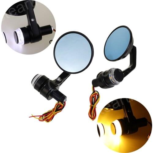 7/8" 22mm Universal Round Motorcycle Rear View Mirrors Handle Bar End Side Mirrors With LED Turn Signals Black Cafe Racer Mirror