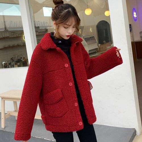 Women fur jacket thick warm faux cashmere two pockets furry jackets casual faux fur turn-down collar female winter styled coat