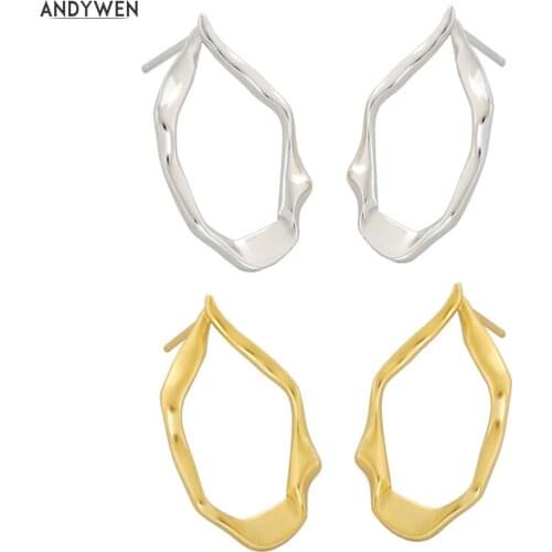 ANDYWEN 925 Sterling Silver Gold Plain Big Ovals Stud Earring Circel Luxury Women Fine Jewelry Rock Punk Party Jewelry Gift