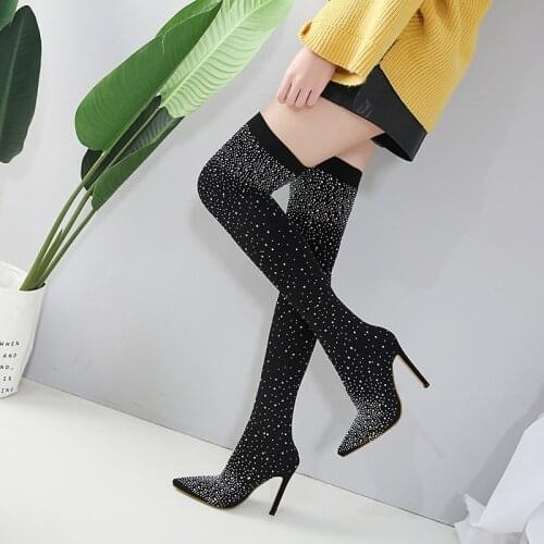 2021 New Womens Over The Knee Boots High Heeled Stretch Fabric Sexy High Booties Fashion Mature Womens Shoes Big Size 43