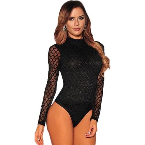 Elegant Mock Neck Bodysuit Long Sleeve Women Jumpsuits Plaid Sexy Outfit Transparent Body Mujer One Piece Overalls RS80752