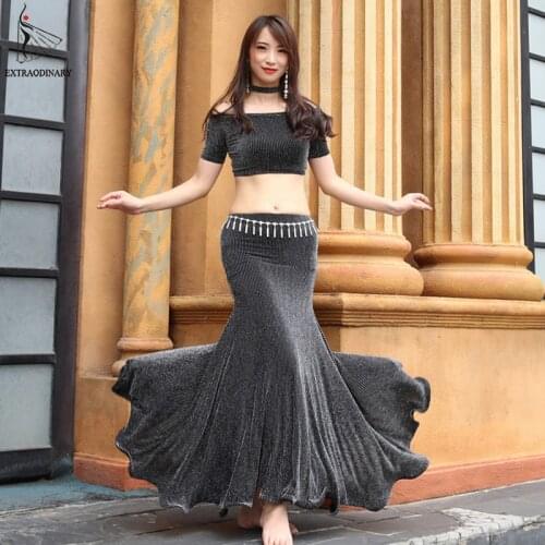 New Women Bellydance Practice Clothes Off-shoulder Top Skirt Split Costume Set 2 Pieces Sexy Belly Dance Set with Necklace