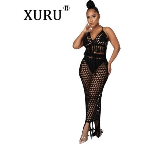 XURU European and American Womens Sexy Dress Suit Two-piece Knitted Hollow Swimsuit Beach Blouse Dress