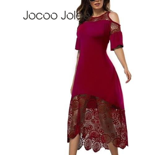 Jocoo Jolee Women Sexy Lace Patchwork A Line Dress Elegant O Neck Off the Shoulder Ruffles Midi Dress Club Party Dress 2020