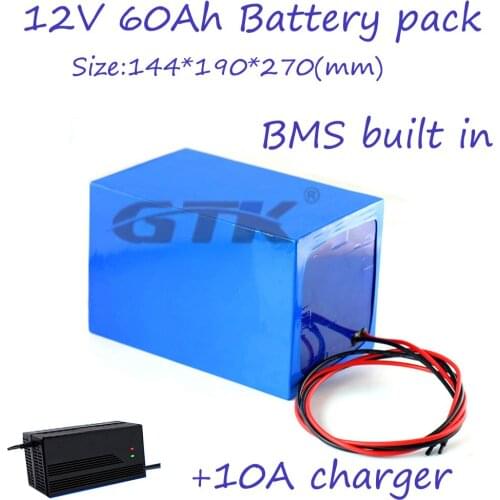 12V 60AH Lifepo4 Battery Pack Deep 2000 Cycle 3.2V Sealed Lithium Iron Phosphate Rechargeable Cell with 10A charger