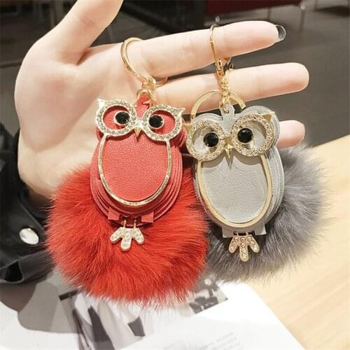 15Pcs/lot Cute Rhinestone Leather Owl Keychain Lovely Fur Pompom Animal Pig Key Chain Women Bag Charm Pendant Car Key Rings