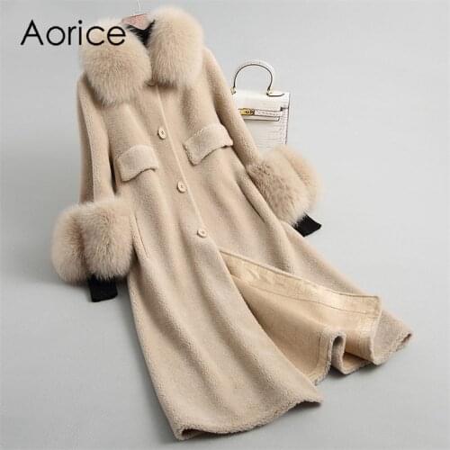 Aorice womens winter wool warm real fox fur hood coat lady Real wool Long coat jacket over size parka A18120