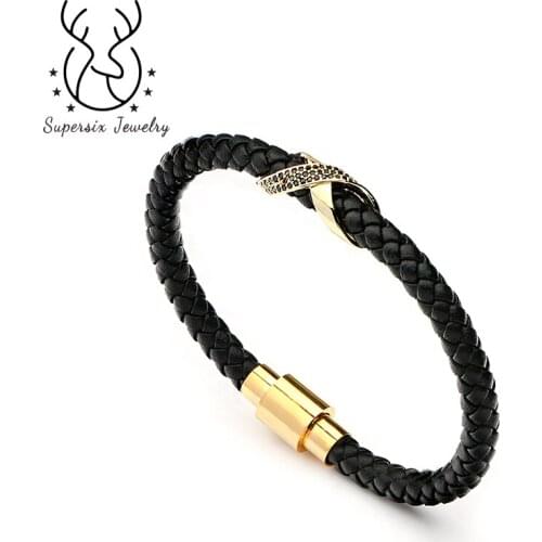 6mm Genuine Leather Infinity Bracelet Stainless Steel Magnetic Buckle Men Women Bracelet Paved Zircon Bangles Jewelry