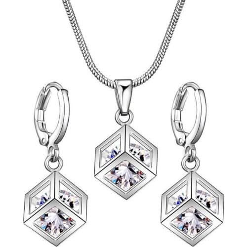 Zircon Magic Square Frame Crystal Zircon Necklace and Earing Set Silver Plated Square Dangle