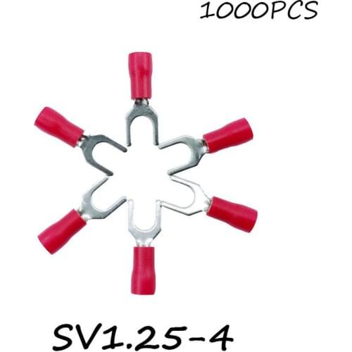 SV1.25-4 1000PCS/Pack Red Insulated Spade Terminal Block Connector Electrical Furcate Lug Crimp Cable Wire Forked End Insulation