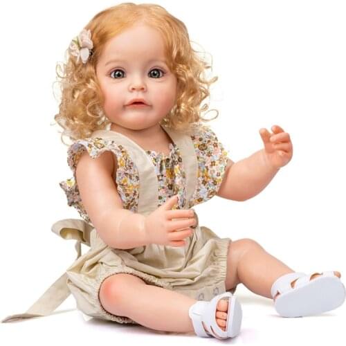 55cm/21in Cutie Girl Doll with Blonde Curly Hair Brown/Blue Eyes-Open Lifelike Caucasian Reborns for Toddlers Dollhouse